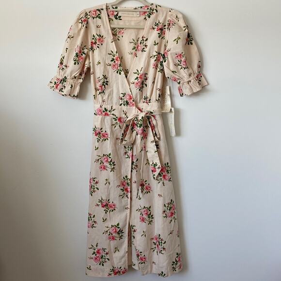 Happy x Nature Cream Pink Floral Puff Sleeve Wrap Midi Dress Size: S - Picture 1 of 9